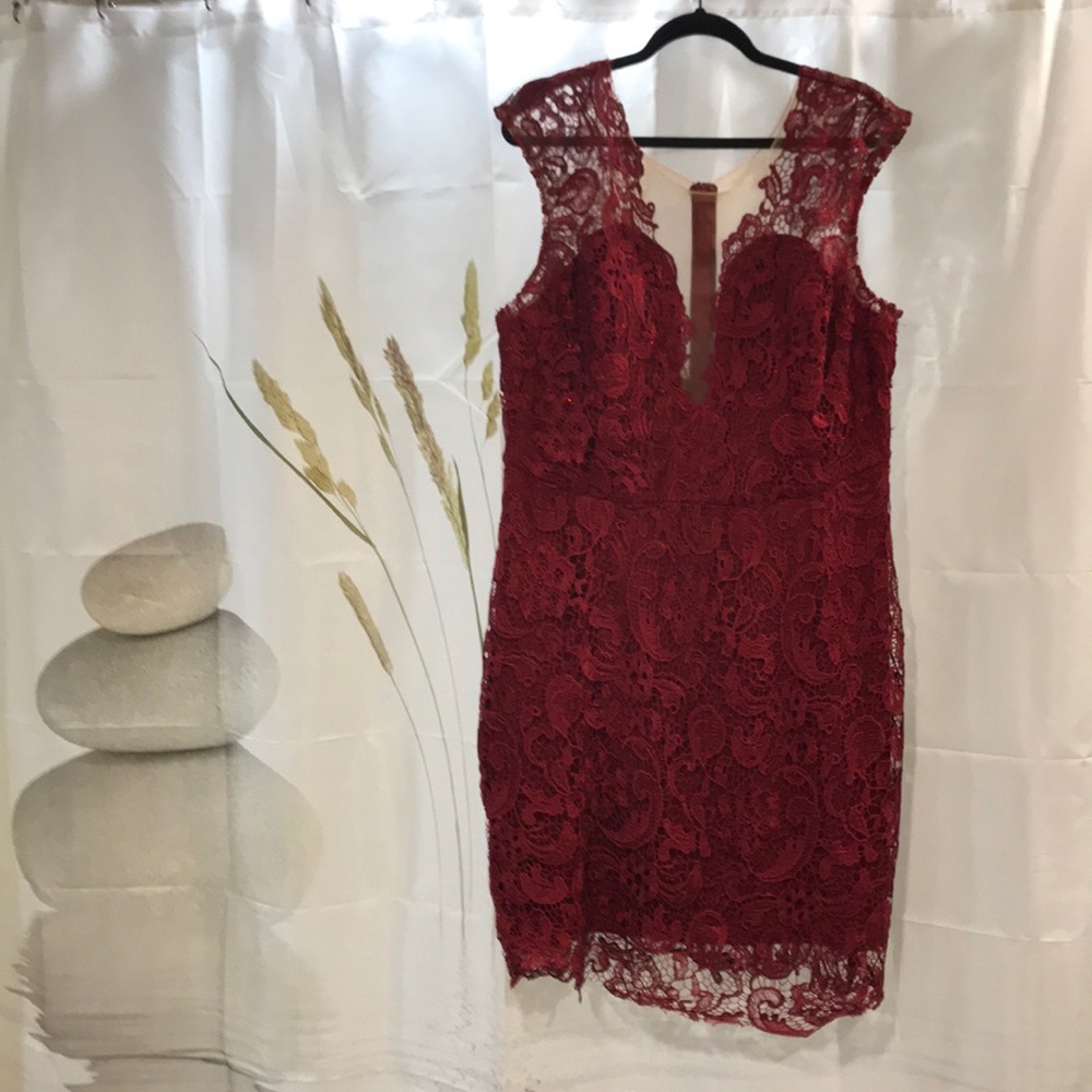 Wine-colored Lace and Illusion Cocktail Dress